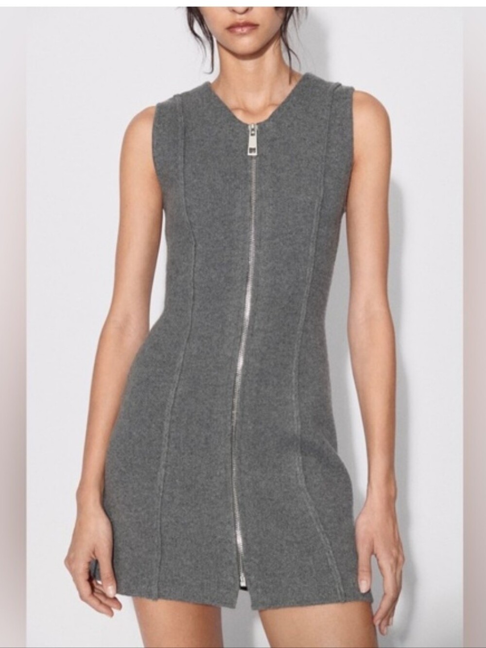 Zara Sleeveless Grey Zip-Front Knit Mini Dress